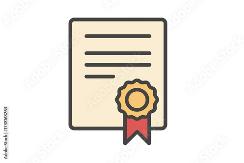 Diploma icon, vector quality certificate with seal. Flat filled outline design. Graduation document for success, achievement, and education. Business award or patent license.