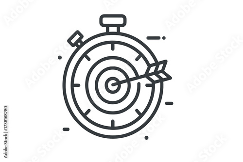 Time management concept. Stopwatch as a target with arrow in the bullseye. Hitting a deadline. Business strategy and goal achievement. Productivity and efficiency vector icon.