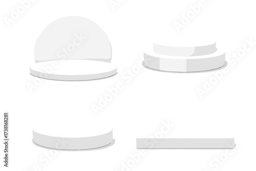 3D white podium collection for product display. Realistic pedestal set. Minimal vector scene for cosmetic showcase. Round and square platforms for presentation. Stage mockup.