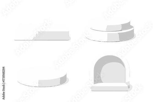 White 3D podiums set for product display. Realistic vector illustration of empty pedestals. Stage showcase mockup collection. Minimal geometric stands for cosmetic presentation.