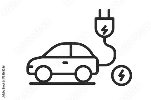 Electric car charging icon. EV vector line art illustration. Automobile plugged into a charger. Sustainable, eco-friendly transport concept. Battery recharge symbol for green energy.