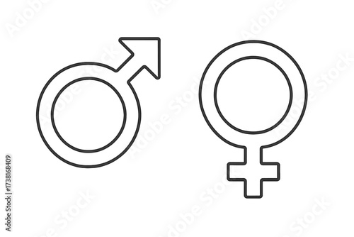 Male and female gender symbol line icons. Man and woman sexuality outline sign. Vector illustration for love, relationship, sex, equality. Minimalist Mars and Venus symbols.
