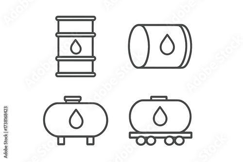 Gas and oil barrel icon set. Fuel tank, drum, and cistern vector illustration. Thin line icons for petroleum industry, energy, and liquid storage. Linear outline graphic.