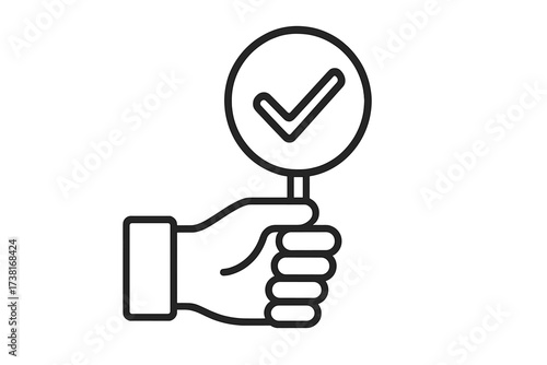 Hand holding check mark sign. Vector line icon for approval, success. Concept for positive feedback, voting yes, quality check, agreement. Approved, correct, accepted symbol.