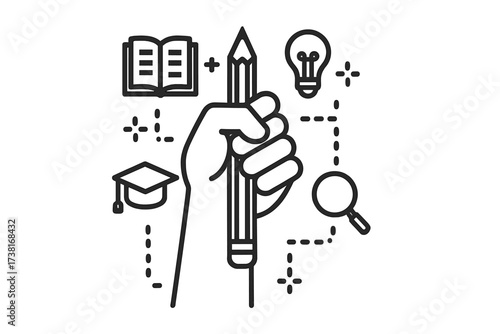 Hand holding pencil concept of education, research, creativity, knowledge, and hard work. Vector thin line icon illustration for learning, study, graduation, and new ideas.