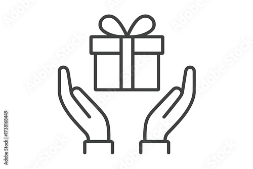 Hands giving and receiving a gift. Thin line icon for present, bonus or charity. Vector symbol of support, kindness, celebration, surprise for birthday or christmas holiday.