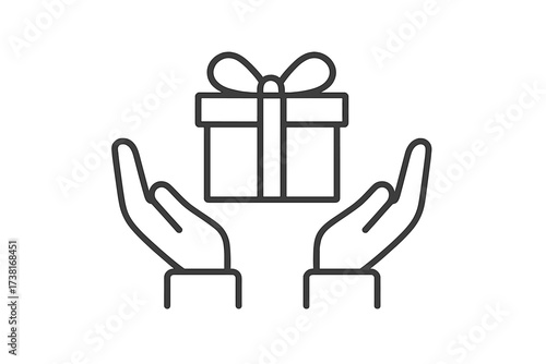 Hands with gift box thin line icon. Concept of giving a present, donation, or receiving a bonus. Vector symbol for charity, loyalty program, surprise, or celebration.