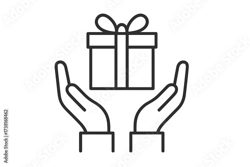 Hands holding gift box thin line icon. Concept of giving, receiving, donation, charity, care, and support. Symbol for a present, surprise, bonus, or special offer.