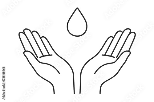 Hands with water drop vector line icon. Concept for saving water, sustainability, charity, and ecology. Symbol of care, donation, conservation, sanitation, hygiene, and purity.