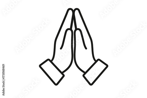 Praying hands vector icon. Folded hands line art gesture for pray, namaste, or begging. Religious worship symbol of faith, gratitude, and hope. Minimalist outline illustration.