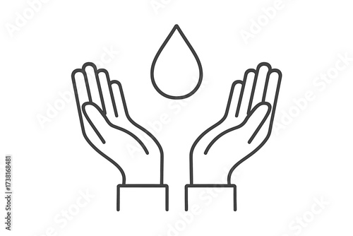 Hands holding water drop. Save water concept. Thin line vector icon for sustainability, hygiene, conservation. Ecology and environment care symbol. Charity, pure water access.