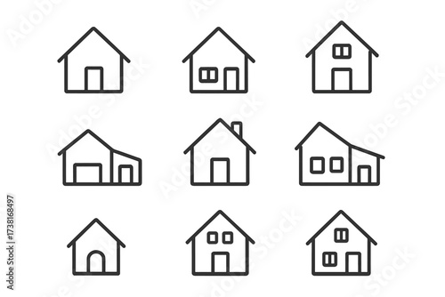 House line icon collection. Vector home symbols set for web and apps. Minimalist linear pictograms of buildings. Real estate graphic design elements. Editable stroke icons.