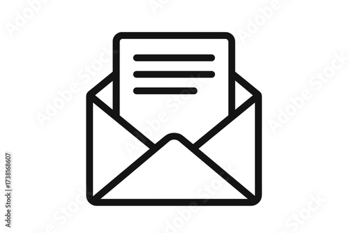 Mail vector icon with open envelope and letter. Symbol of email, message, newsletter, invitation, or subscription. Simple line art graphic for business correspondence and communication.