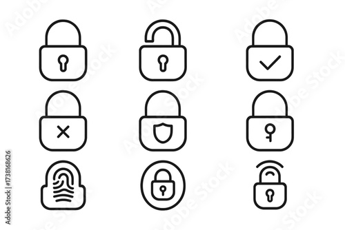 Vector lock icon set. Padlock line art for security, privacy, protection. Symbols for login, password, access, authentication. Fingerprint, unlock, shield for UI and UX design