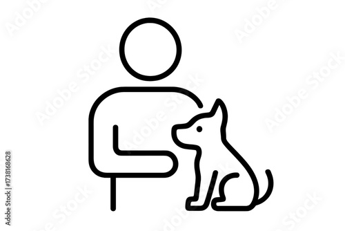 Person with small dog icon. Thin line vector illustration of human and puppy. Symbol for pet training, animal adoption, shelter, feeding, veterinary care, love and friendship.