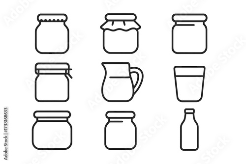 Glassware line icon set. Vector collection of kitchen glass containers for jam, honey, canning. Includes pitcher, bottle, glass. Minimalist outline pictograms with editable stroke.