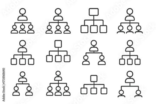 Hierarchy line icon set for business structure and organization chart. Vector pictograms of management, leadership, and corporate teamwork. Editable stroke for app and web design.