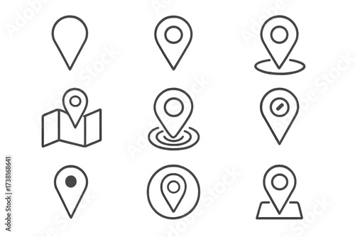 Map pin line icon set. Location marker, destination pointer and navigation sign collection. GPS symbol for web, app and map design. Minimal outline pictogram vector pack.