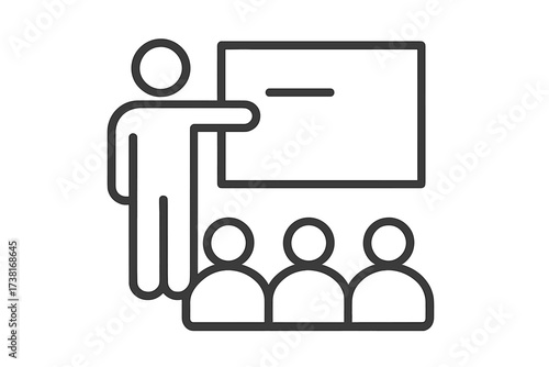 Business presentation line icon. Teacher with students in classroom. Person presenting on whiteboard. Seminar, conference, lecture, or training concept vector illustration.