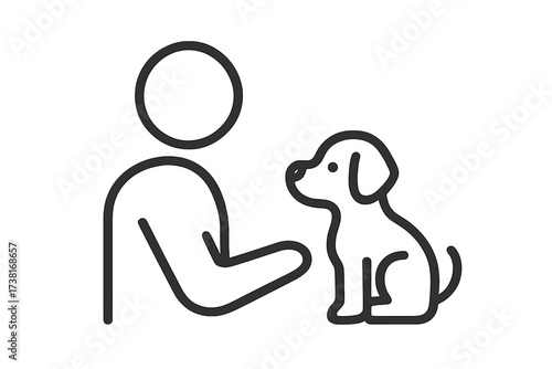 Person with small dog icon. Vector thin line illustration for pet concepts. Pet training, adoption, helping abandoned animals, feeding, veterinary, love and care.