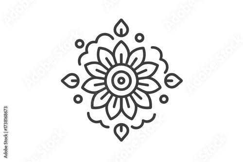 Rangoli line art vector. Indian floral pattern for decoration on Hindu festivals like Diwali, Tihar, Onam, and Pongal. Minimal mandala icon. Traditional Kolam design.