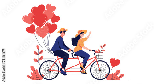 A couple rides a tandem bicycle with heart-shaped balloons and decorations.