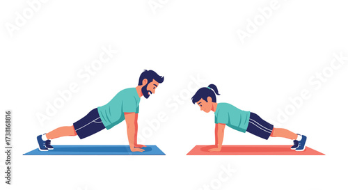 Father and daughter doing pushups together on workout mats.