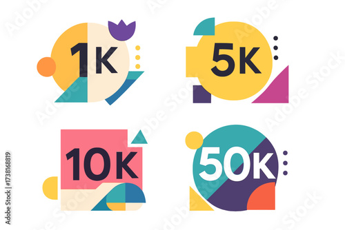 Set of trendy geometric thank you followers banners with numbers. Vector design for social media celebration posts. 1k, 5k, 10k, 50k subscribers milestone graphic icons.