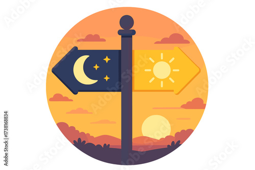 Signpost with day and night direction arrows. Concept of choice, opposite decision, and contrast. Sun and moon icons on pointers. Vector illustration of crossroads.