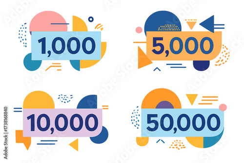Set of trendy geometric thank you followers banners with numbers. Vector design for social media posts celebrating 1k, 5k, 10k, 50k subscribers, likes or views milestone.
