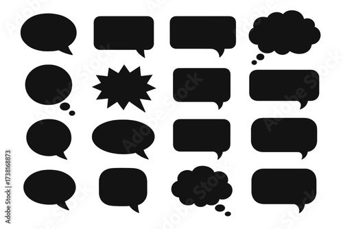 Speech bubbles set. Black chat box vector icons for talking, messages, and dialogue. Communication comic balloons and thought clouds. Blank quote templates for text.