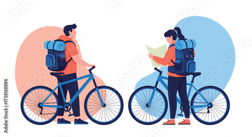 Two people with bicycles and backpacks looking at a map. 