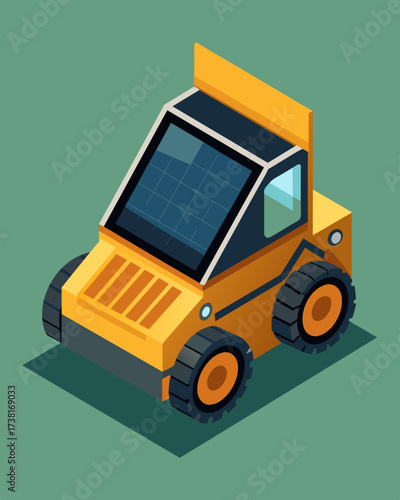 An agile skid steer loader with solar panels on its sides smoothly maneuvering through tight spaces to move heavy objects.. Vector illustration
