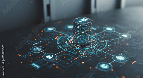 Data server with a glowing circuit board