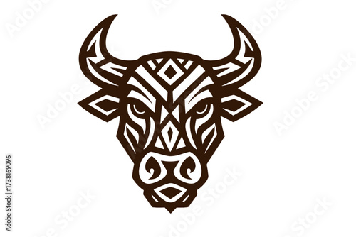 Stylized geometric bull head illustration. Vector icon for tribal design. Powerful taurus mascot for logo or tattoo. Strong aggressive animal symbol with ethnic ornament.