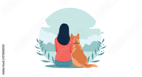 A person and their loyal dog share a serene moment looking out at the landscape.