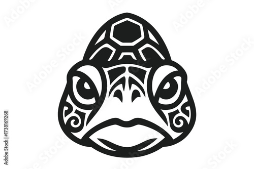 Stylized geometric turtle head vector icon with tribal patterns. Polynesian Maori tattoo style tortoise face. Sea animal logo concept for branding. Black and white reptile mascot.