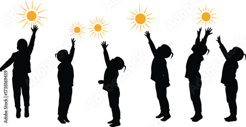 Silhouette vector of child reaching for sun, jumping and aspiring growth, hope and dream concept, inspirational design for education illustration