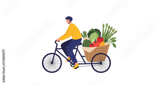 A person riding a tricycle with a basket full of fresh produce.