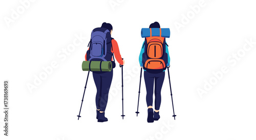 Two hikers with backpacks and trekking poles walk forward.