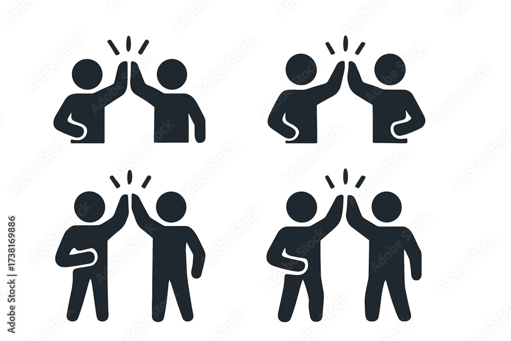 Obraz premium High five icon set. Teamwork success and partnership concept. Colleagues celebrating a deal. Friends greeting. Agreement or achievement symbol. Flat vector glyph illustration.