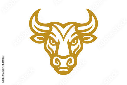 Golden bull head logo. Vector ram icon illustration. Taurus zodiac symbol. Stylized goat emblem for finance or stock market. Powerful tribal animal mascot design isolated.