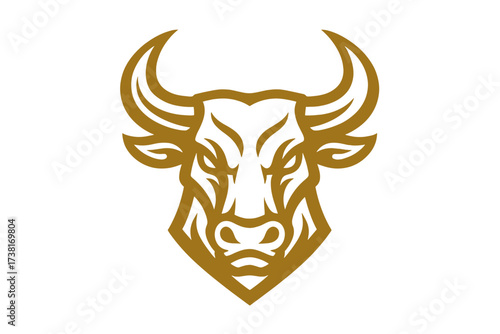 Bull head logo vector icon. Golden taurus mascot emblem design. Strong angry bovine animal symbol for sport team or finance company. Power and luxury concept illustration.