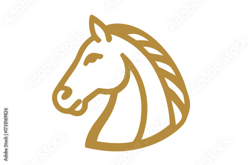Golden horse head logo icon. Stylized equine stallion symbol for business identity. Luxury elegant line art graphic. Minimalist vector illustration for branding, equestrian sport.