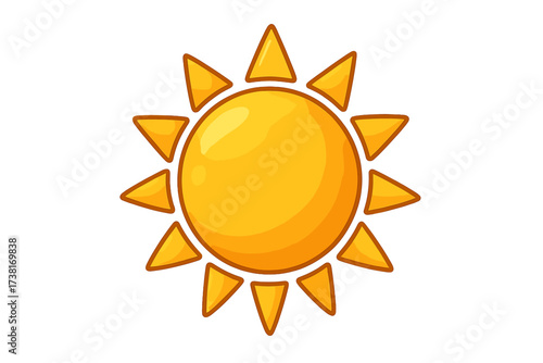 Sun icon. Sunny weather symbol. Vector cartoon illustration. Summer design element. Isolated graphic drawing for kids. Yellow sunshine logo. Flat sun pictogram. Simple solar sign.