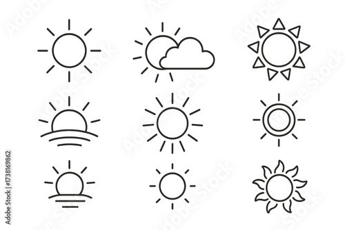 Sun thin line icon set. Editable stroke vector illustration. Sunshine, sunrise, sunset symbols. Weather forecast pictogram. Summer sunlight, sunny day, heat and light concepts.