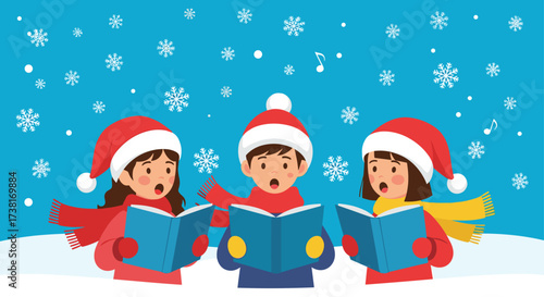 Children singing carols outdoors on a snowy winter day.