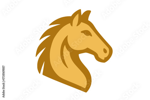 Golden horse head logo icon. Stylized equine vector illustration. Equestrian sport emblem or mascot design. Noble stallion profile symbol for branding and identity.
