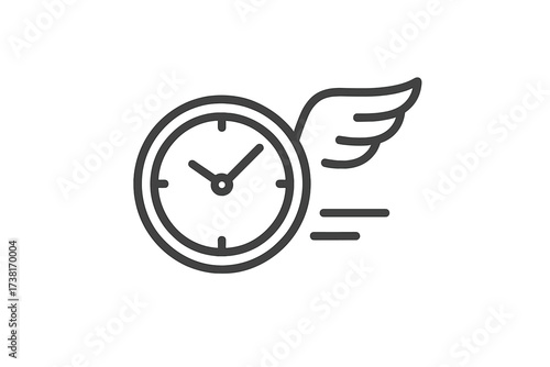 Flying clock thin line icon. Time flies concept for business deadline, rush hour, and express delivery. Fast service and time management vector symbol. Urgency and speed.