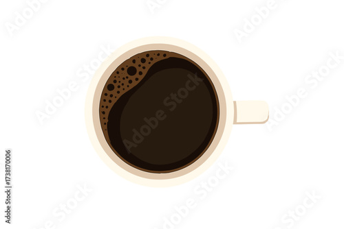 Vector illustration of a coffee mug from top view. Realistic cup of black coffee, espresso or americano isolated on a transparent background. Morning breakfast hot drink concept.